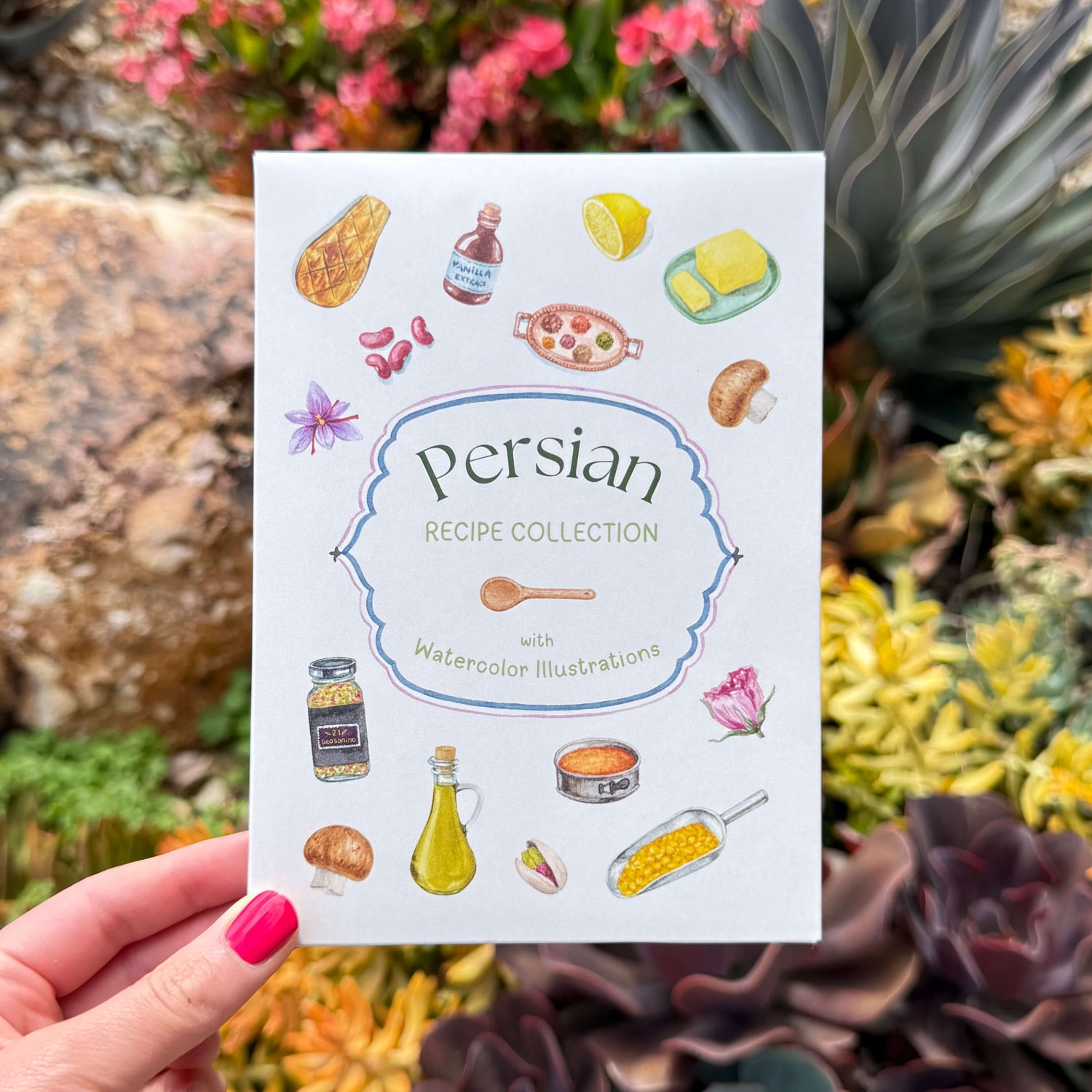 Persian Recipe Card Collection Box with floating watercolor painted illustrations of ingredients